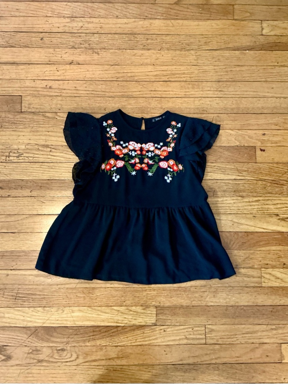 SHEIN - Women's Black Floral Embroidered Flutter Sleeve Top
